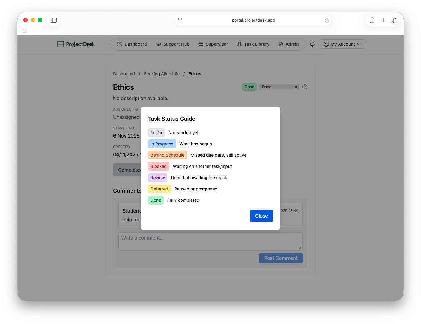Task status board with progress indicators